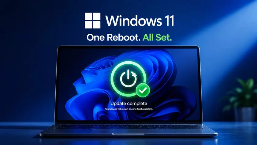 Современный ноутбук с открытой Windows 11 на столе