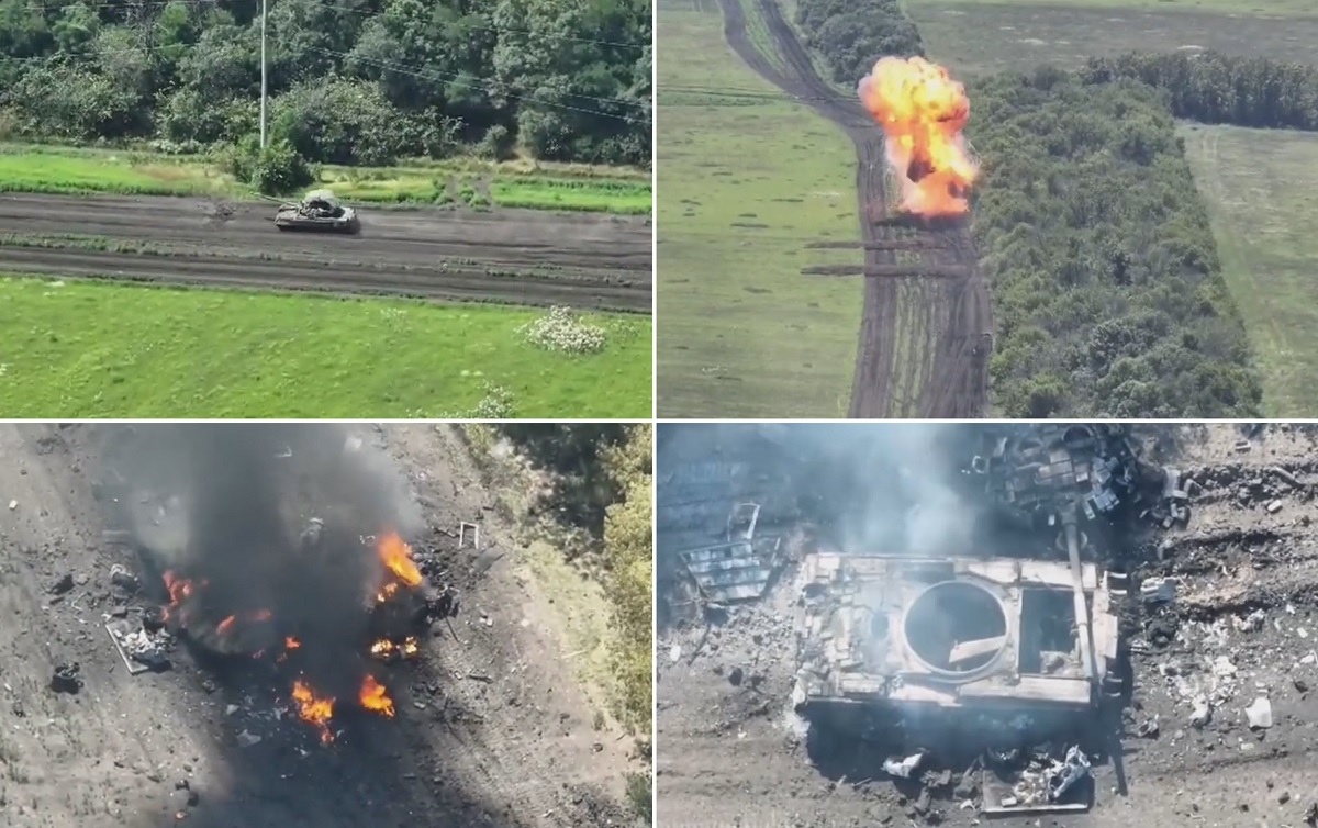 Un drone FPV ukrainien détruit efficacement un char russe T-80BV grâce à la détonation de ses munitions