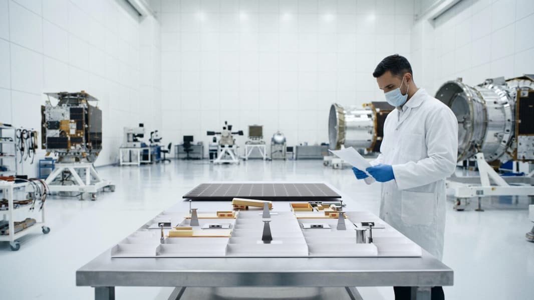 Assemblage des tuiles de traitement de données en laboratoire. Illustration : Sophia Space