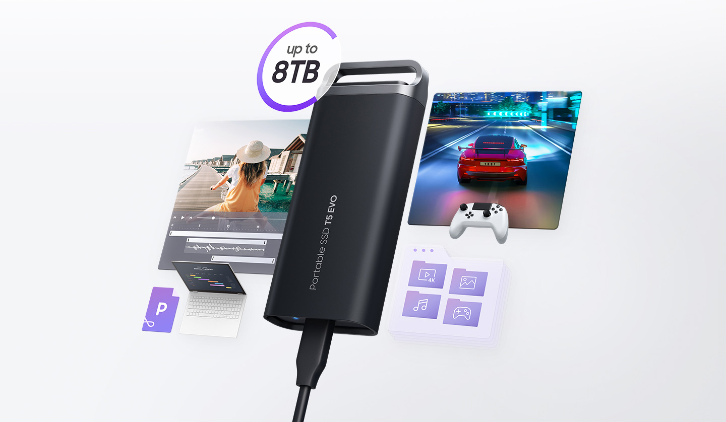 Samsung T5 EVO : disque SSD d'une capacité maximale de 8 To et d'une vitesse de transfert maximale de 460 Mo/seconde