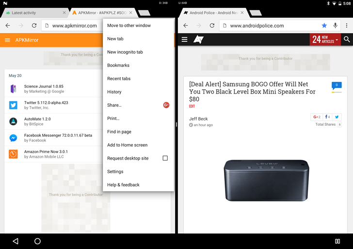 Android N позволяет работать в двух окнах Chrome одновременно
