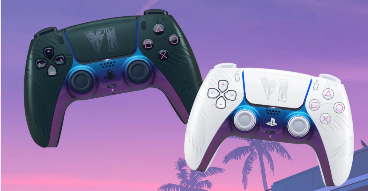The GTA VI Limited Edition DualSense controllers in black and white, featuring Vice City-inspired iridescent finish and embossed palm-tree detailing.