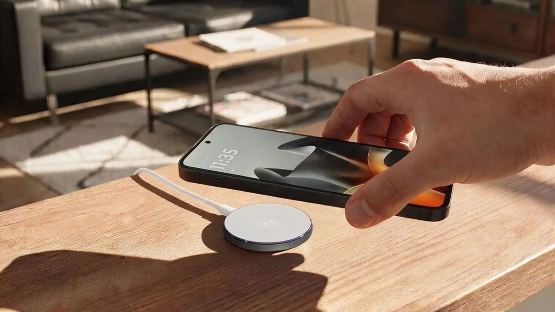 Le Moto Snap Wireless Charger de Motorola, présenté à l'IFA 2026 de Berlin.