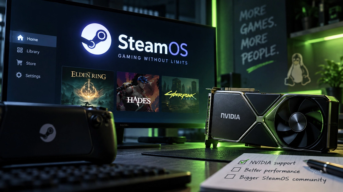 Логотип SteamOS на фоні комплектуючих ПК