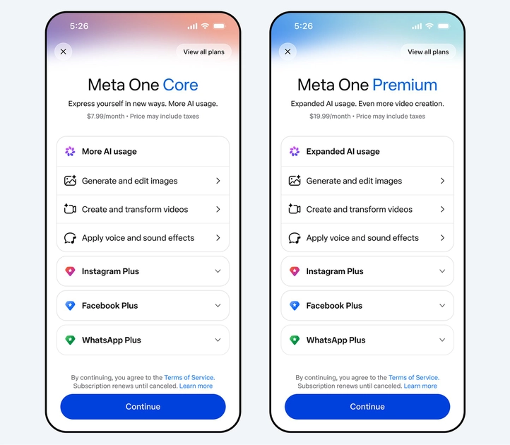 Écrans mobiles montrant les forfaits Meta One Core et Premium