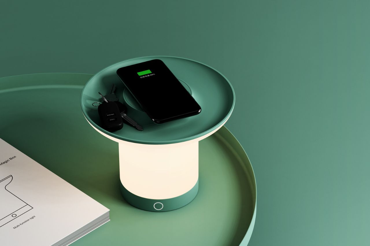 Multi-purpose light is a wireless charger, lamp, and container in one
