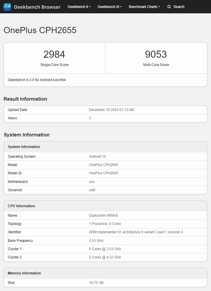 OnePlus 13 performance test results on GeekBench platform