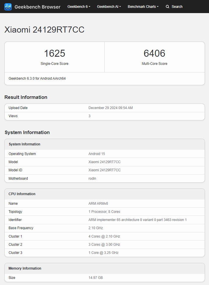 Результат теста процессора Dimensity 8400-Ultra в смартфоне Redmi Turbo 4