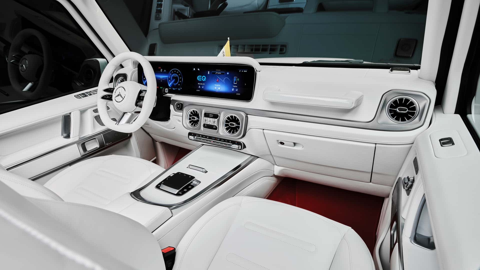 The pearly white colour of the new Papamobile.