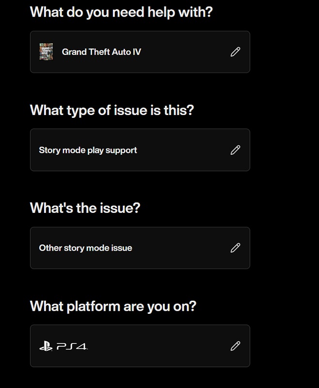 Скріншот сайту підтримки Rockstar Games, що показує PS4 як платформу для GTA IV