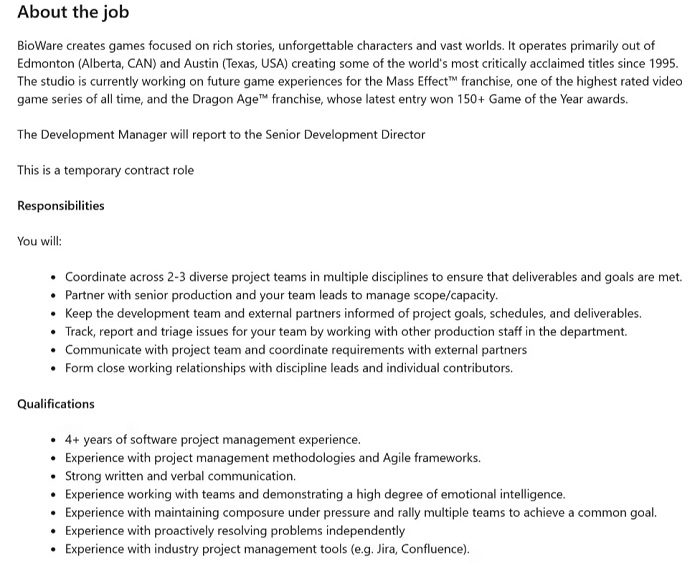 Une offre d'emploi chez BioWare laisse entendre que le studio travaille sur un autre projet en plus de Dragon Age : Dreadwolf et un nouveau volet de Mass Effect.-2