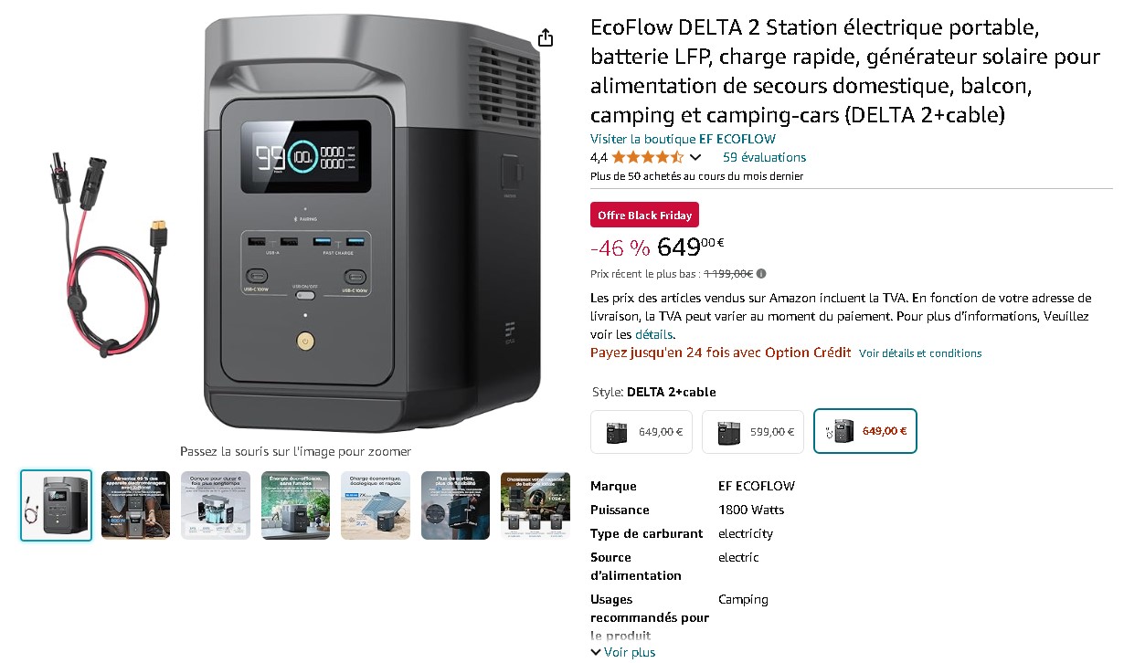 Capture d'écran de la station électrique portable EcoFlow DELTA 2 sur Amazon