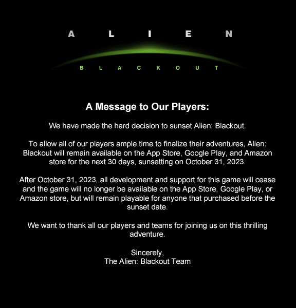 Мобільна гра Alien: Blackout буде видалена з App Store, Google Play і Amazon Store 31 жовтня-2