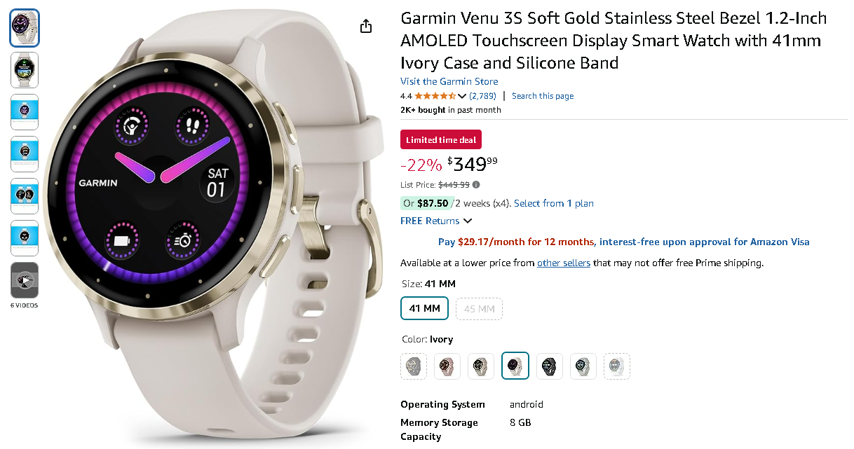 Screenshot of the Garmin Venu 3S smartwatch on display