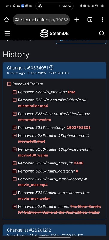 Capture d'écran de la page SteamDB du jeu