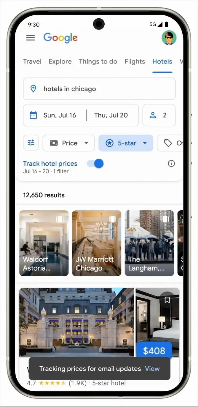 Suivi des prix des hôtels par Google