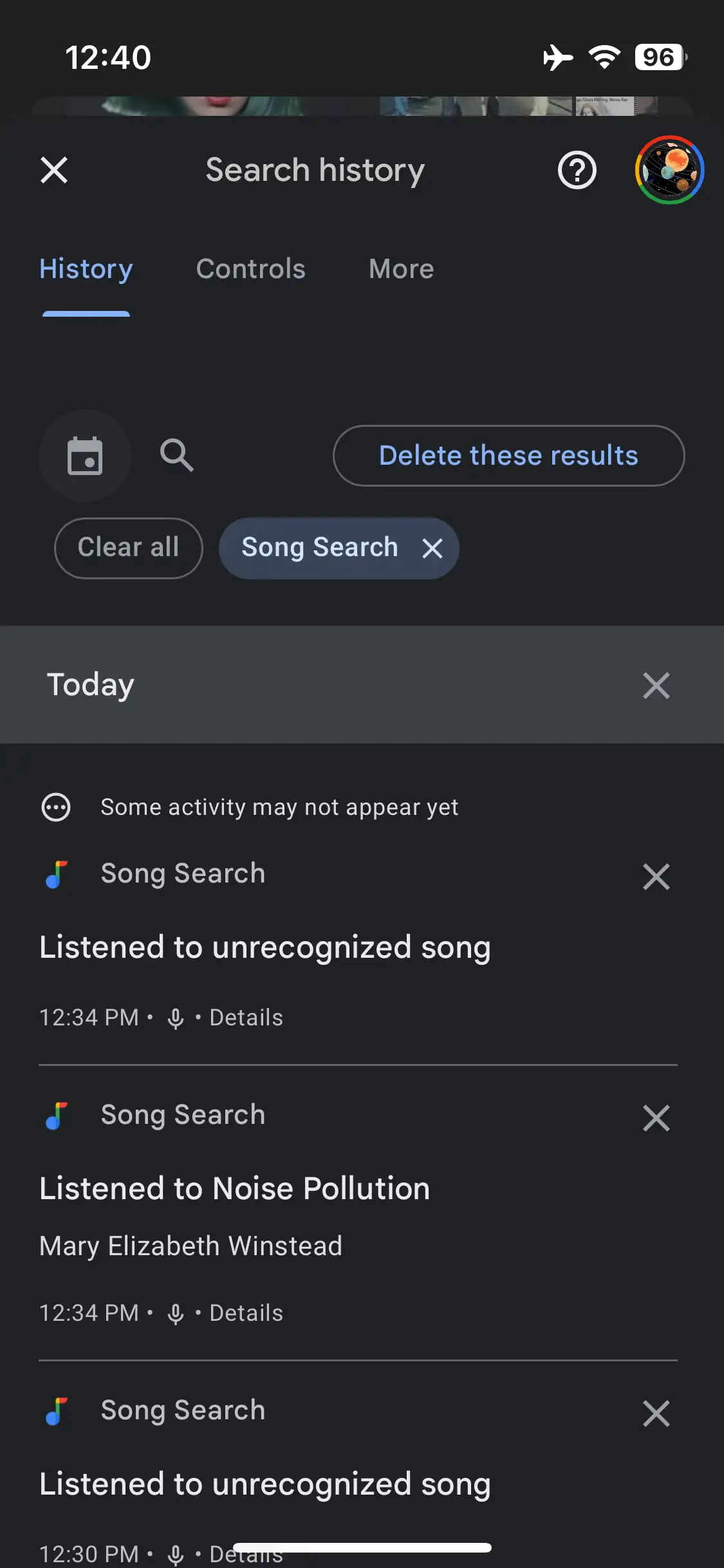 Історія пошуків пісень в Google для iOS