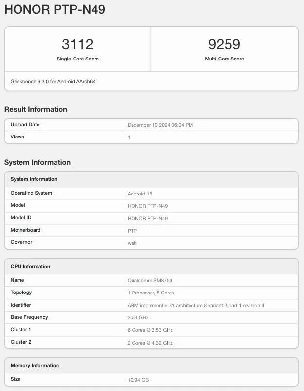 HONOR Magic7 Pro performance test results. Source: Geekbench