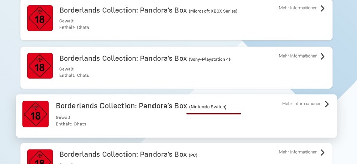 La collection Borderlands : Pandora's Box pourrait également sortir sur Nintendo Switch - comme l'indiquent les informations d'une agence de notation allemande.-2