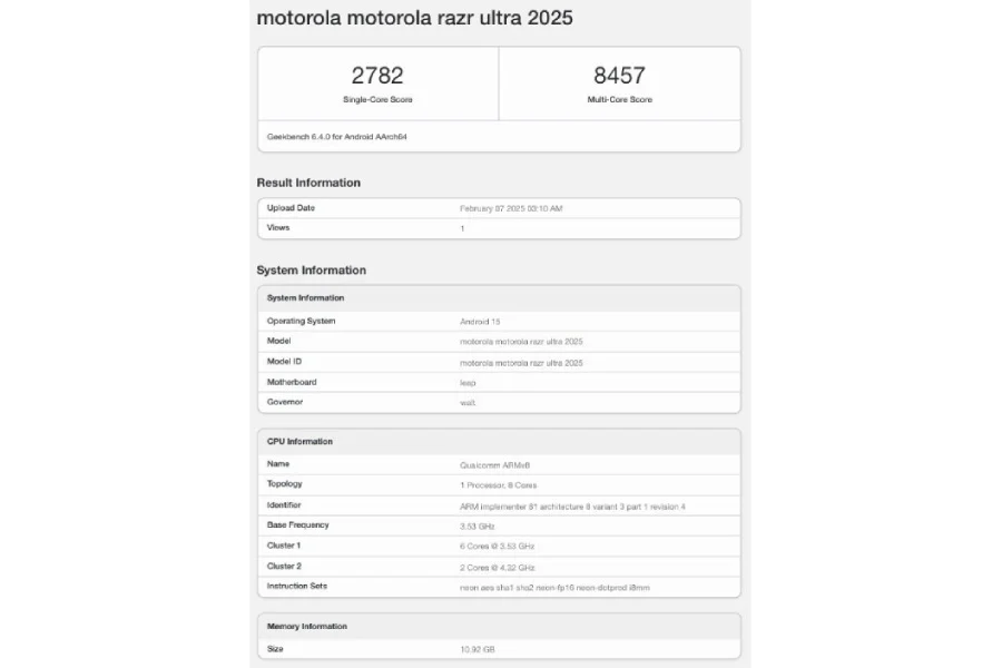 Motorola Razr Ultra 2025 from Geekbench code