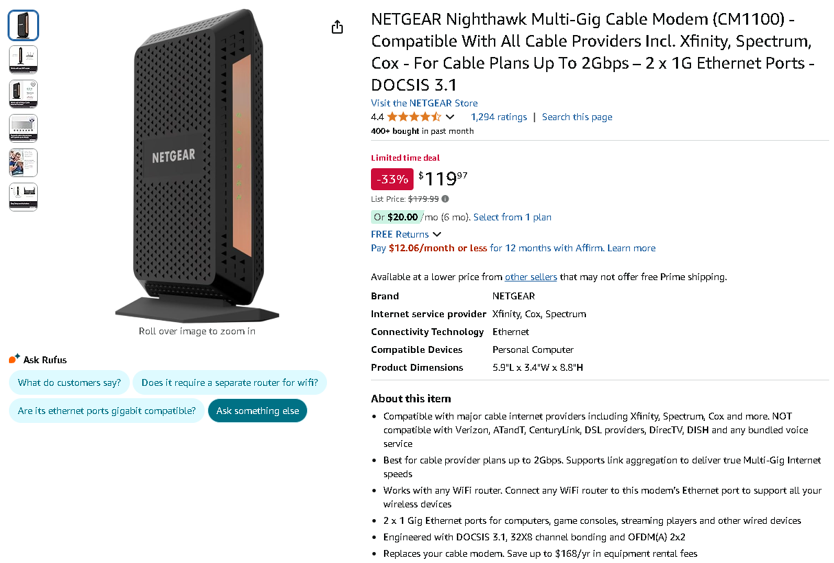 Screenshot of the NETGEAR CM1100 NETGEAR Nighthawk CM1100 Cable Modem