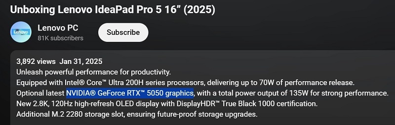 Ordinateur portable IdeaPad Pro 5 avec RTX 5050