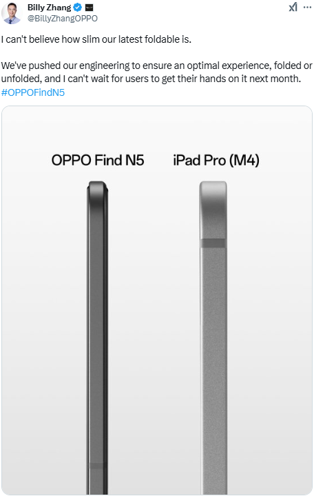 Oppo Find N5 is thinner than iPad Pro M4
