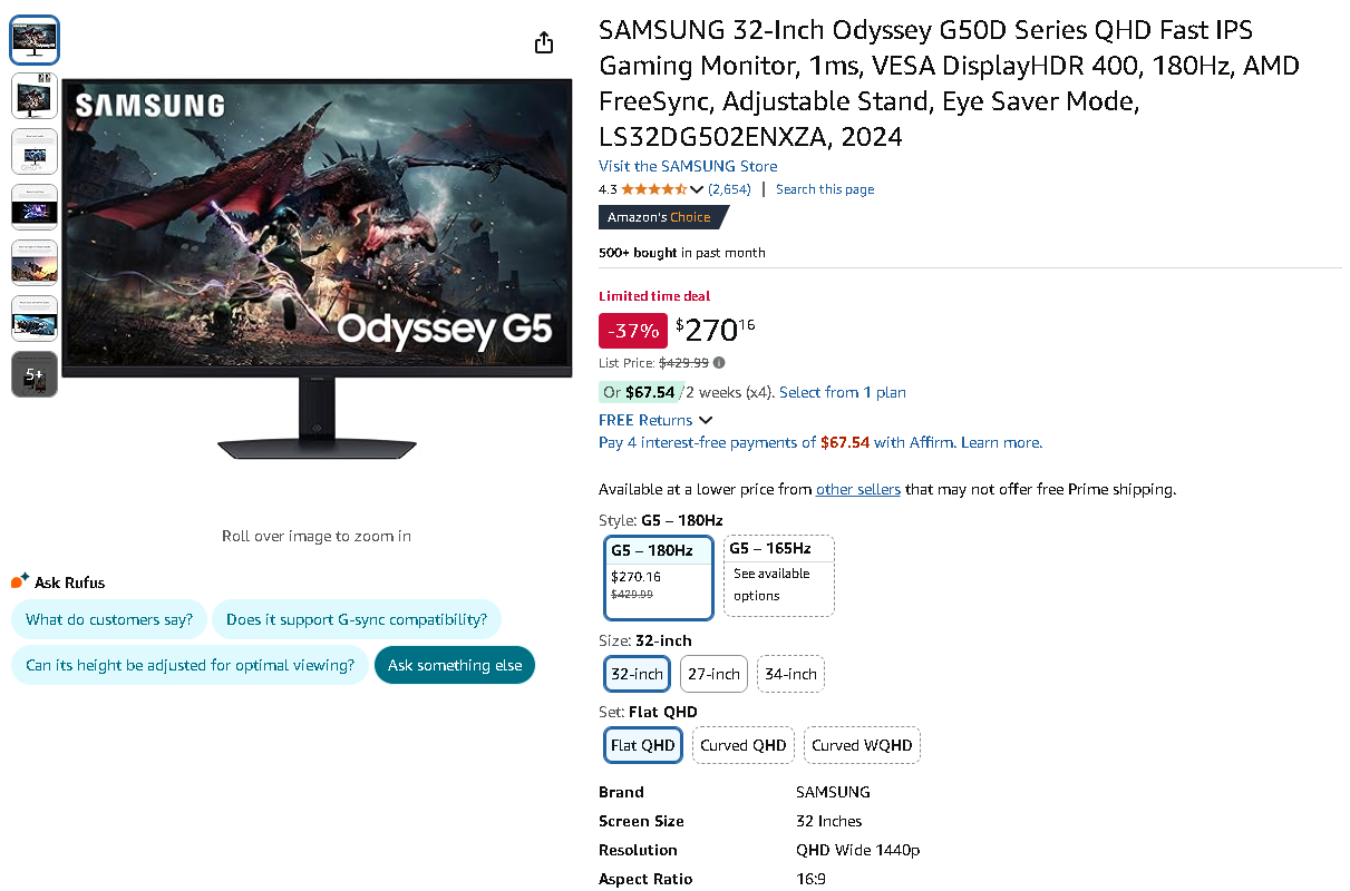 Samsung Odyssey G50D 32-inch Gaming Monitor