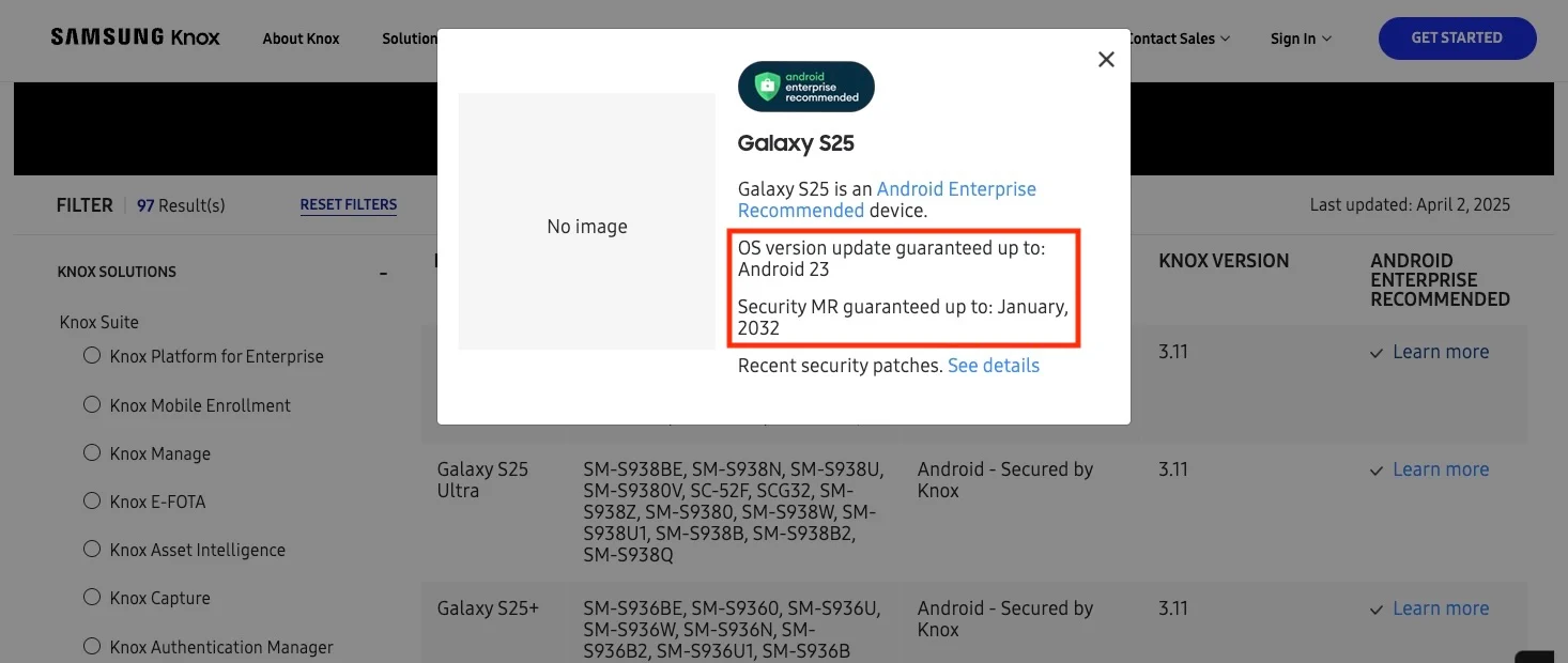 Prise en charge du Galaxy S25 Enterprise Edition, du Galaxy S25+ Enterprise Edition et du Galaxy S25 Ultra Enterprise Edition