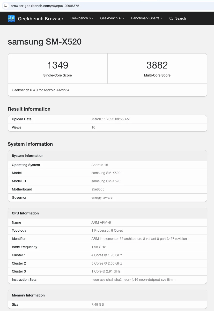 Galaxy Tab S10 FE performance results in Geekbench benchmark test