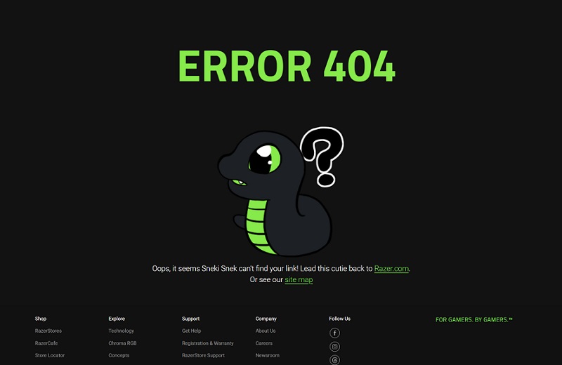 Screenshot of a 404 error notification on the Razer website