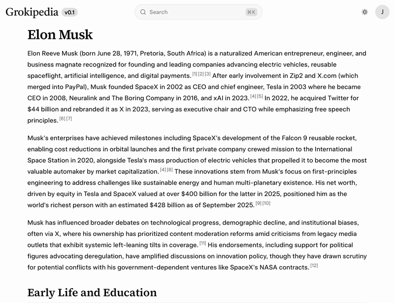 Скріншот сторінки Grokipedia