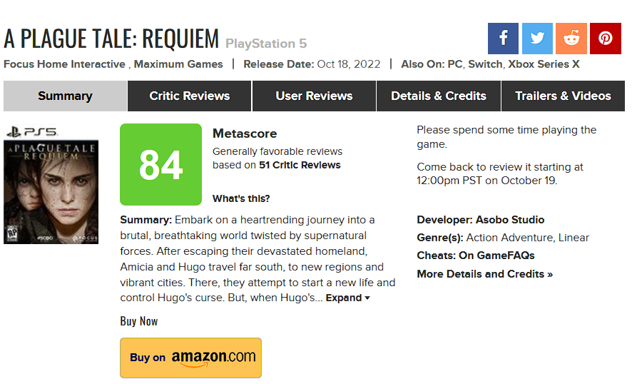 Premières estimations de A Plague Tale : Requiem. Le jeu est loué pour son histoire et ses graphismes, mais on note une mauvaise optimisation et des bugs.-2