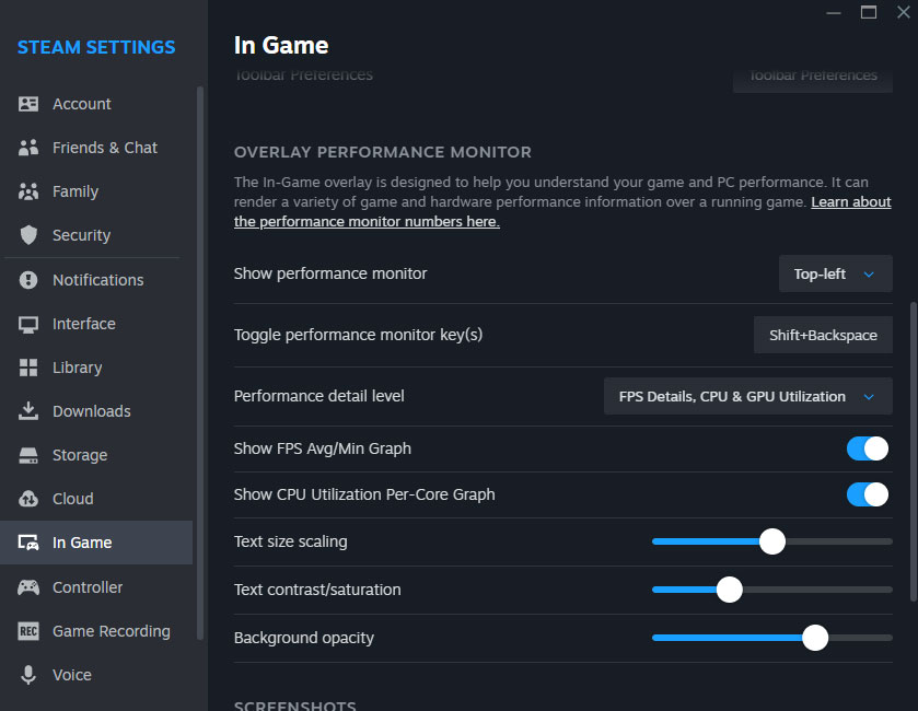 Paramètres de l'interface du Moniteur de Performance. Illustration : Steam