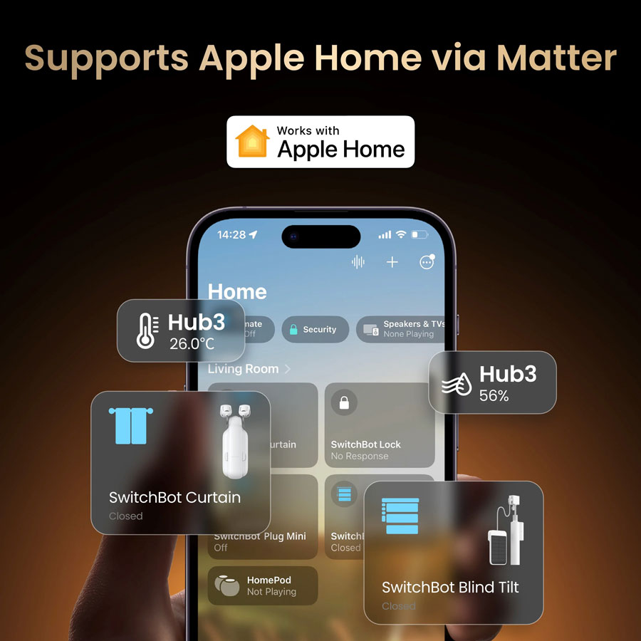 SwitchBot Hub 3 на фоне устройства Apple Home