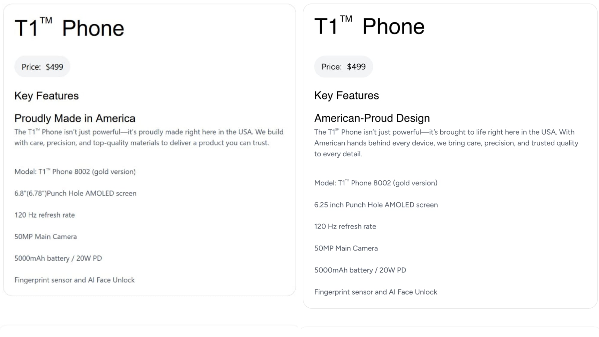 Старое и обновленное описание смартфона T1 Phone