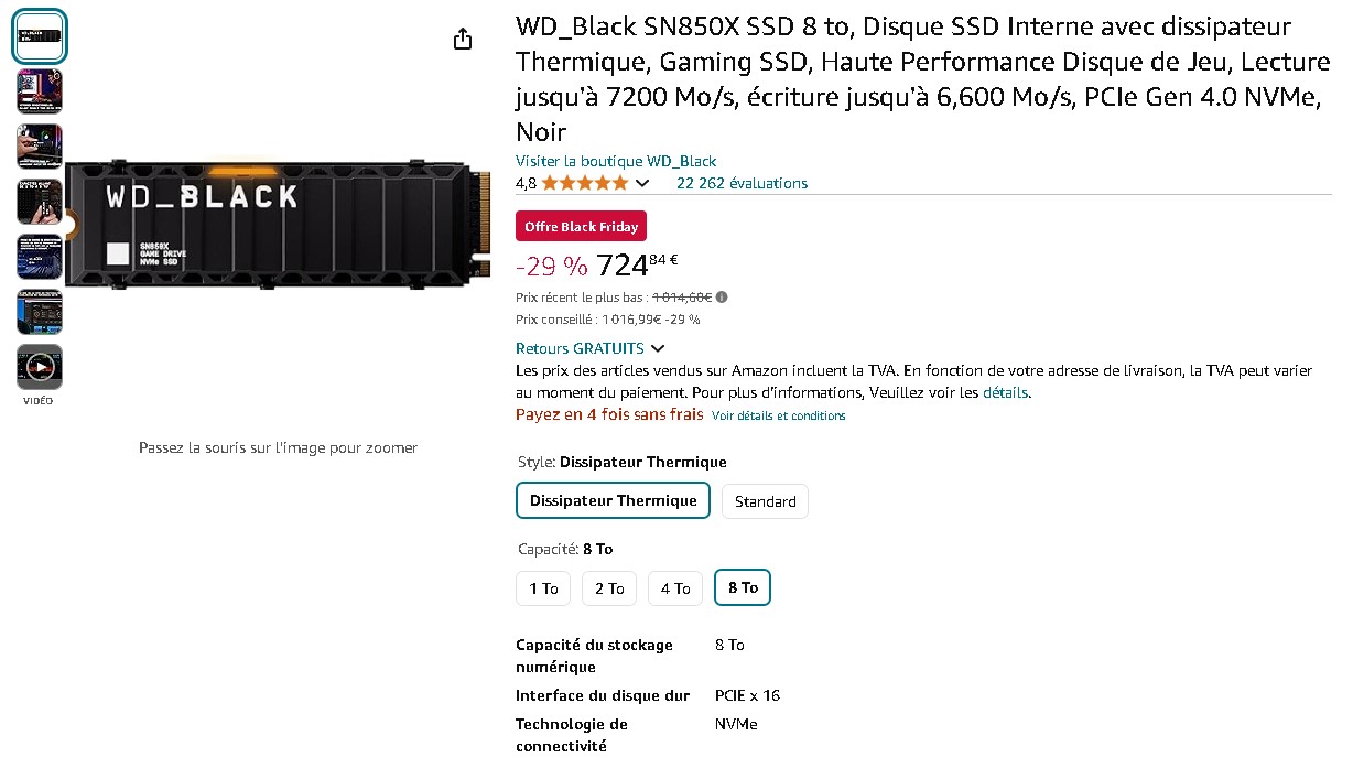 Capture d'écran de la page des WD_Black SN850X sur Amazon