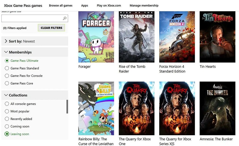 Capture d'écran du site web de la Xbox