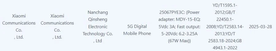 Xiaomi Civi 5 Pro 3C Certification
