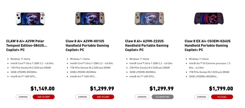 MSI Claw 8 EX AI+ with Intel Arc G3 Extreme processor