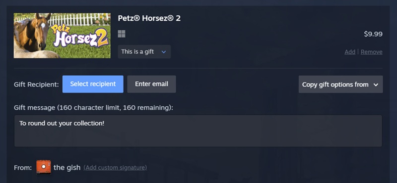 Steam's email gifting flow — recipients get a link and have 30 days to claim before the purchase is refunded.
