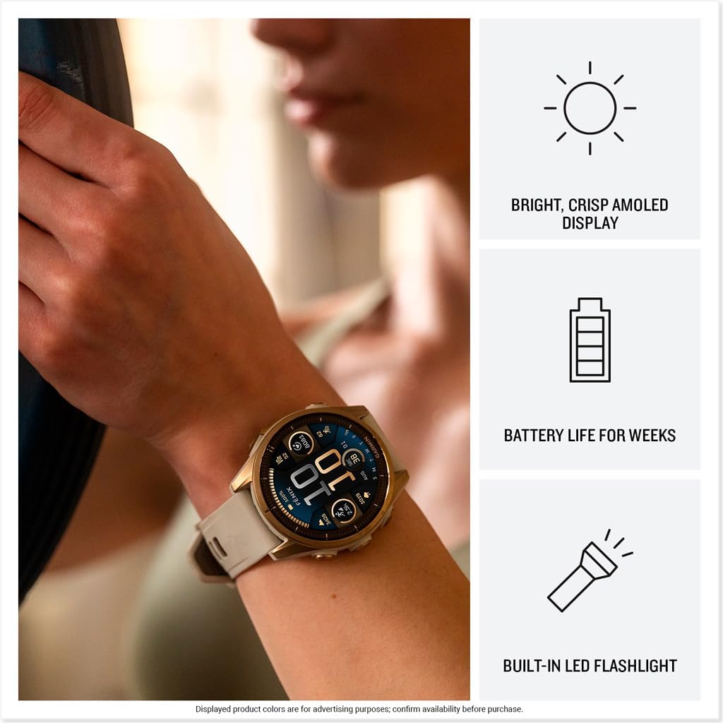 Garmin Fenix 8 with AMOLED display, orange case, side view