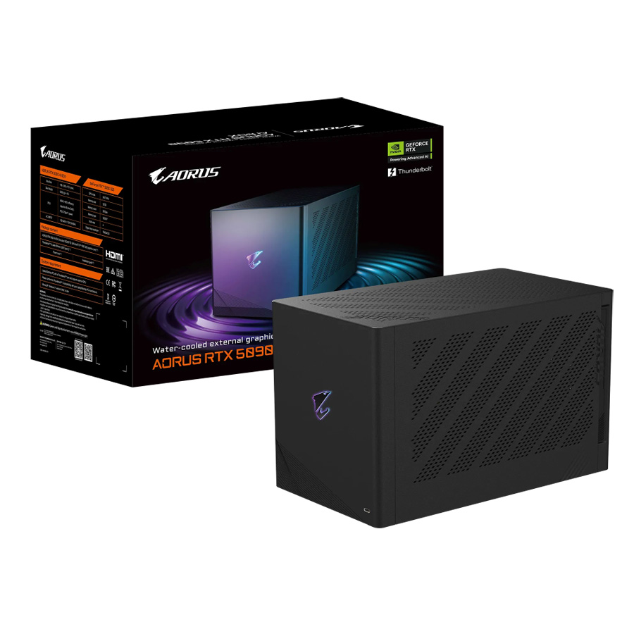 The AORUS RTX 5090 AI BOX uses Waterforce liquid cooling with a 240mm radiator.