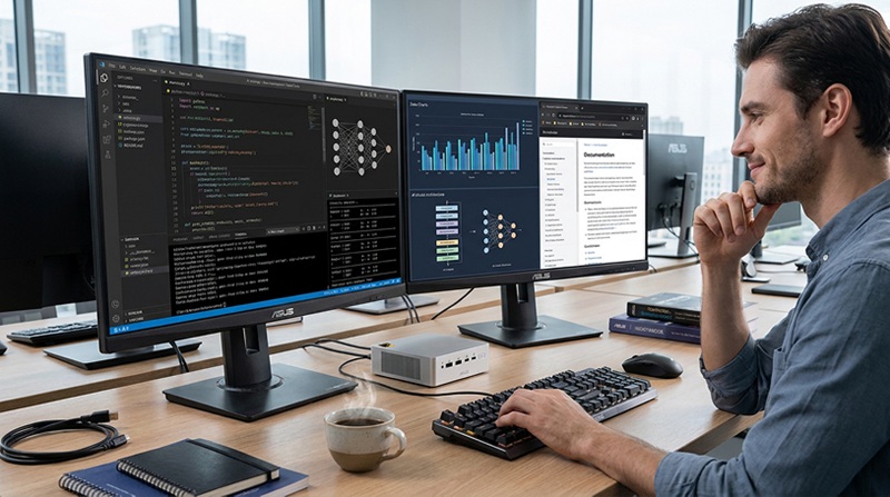 The Ascent QN10 measures 130×130×40mm and weighs 720g, yet drives four 4K displays simultaneously.