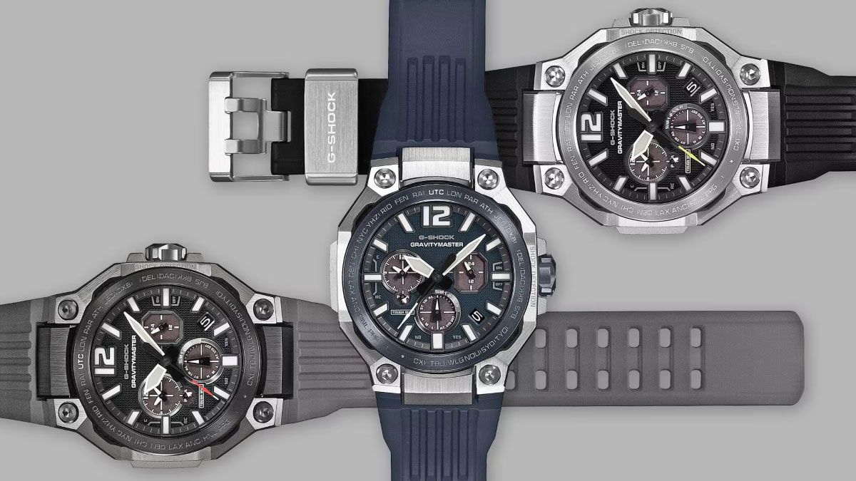 Les trois variantes de la G-SHOCK GRAVITYMASTER GWR-B3000 : noir, bleu et argenté.