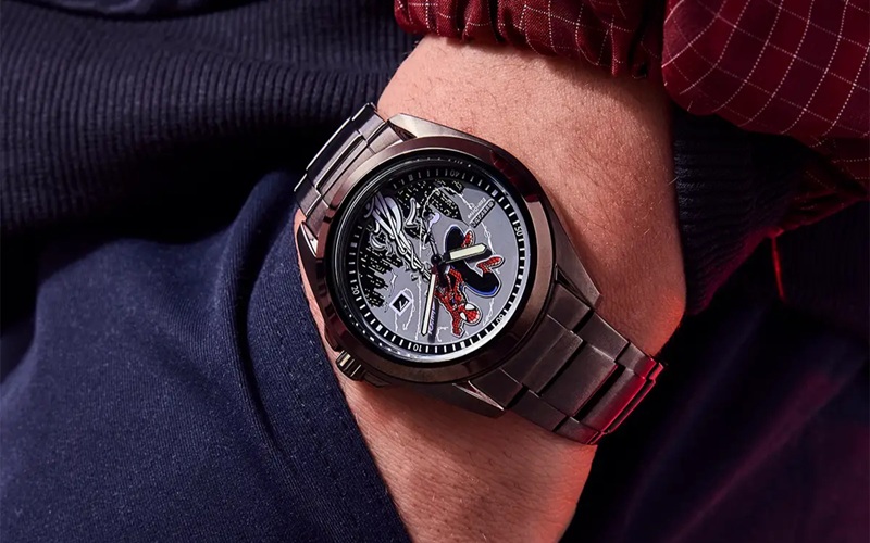 Citizen AW1437-61W Spider-Man Eco-Drive — black ion-plated case with comic-book dial