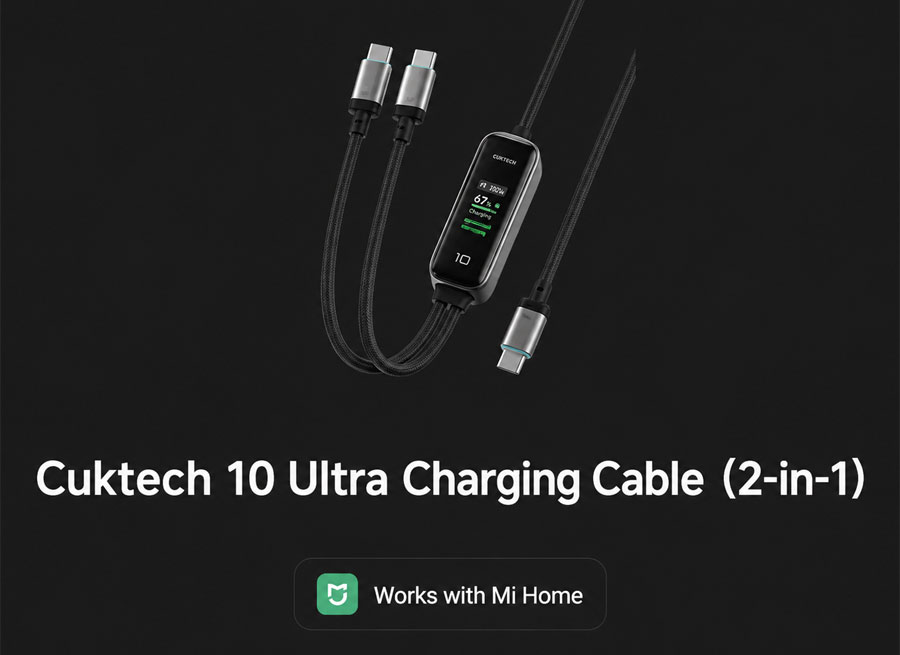 Le câble de charge Cuktech avec écran intégré et support Mi Home.