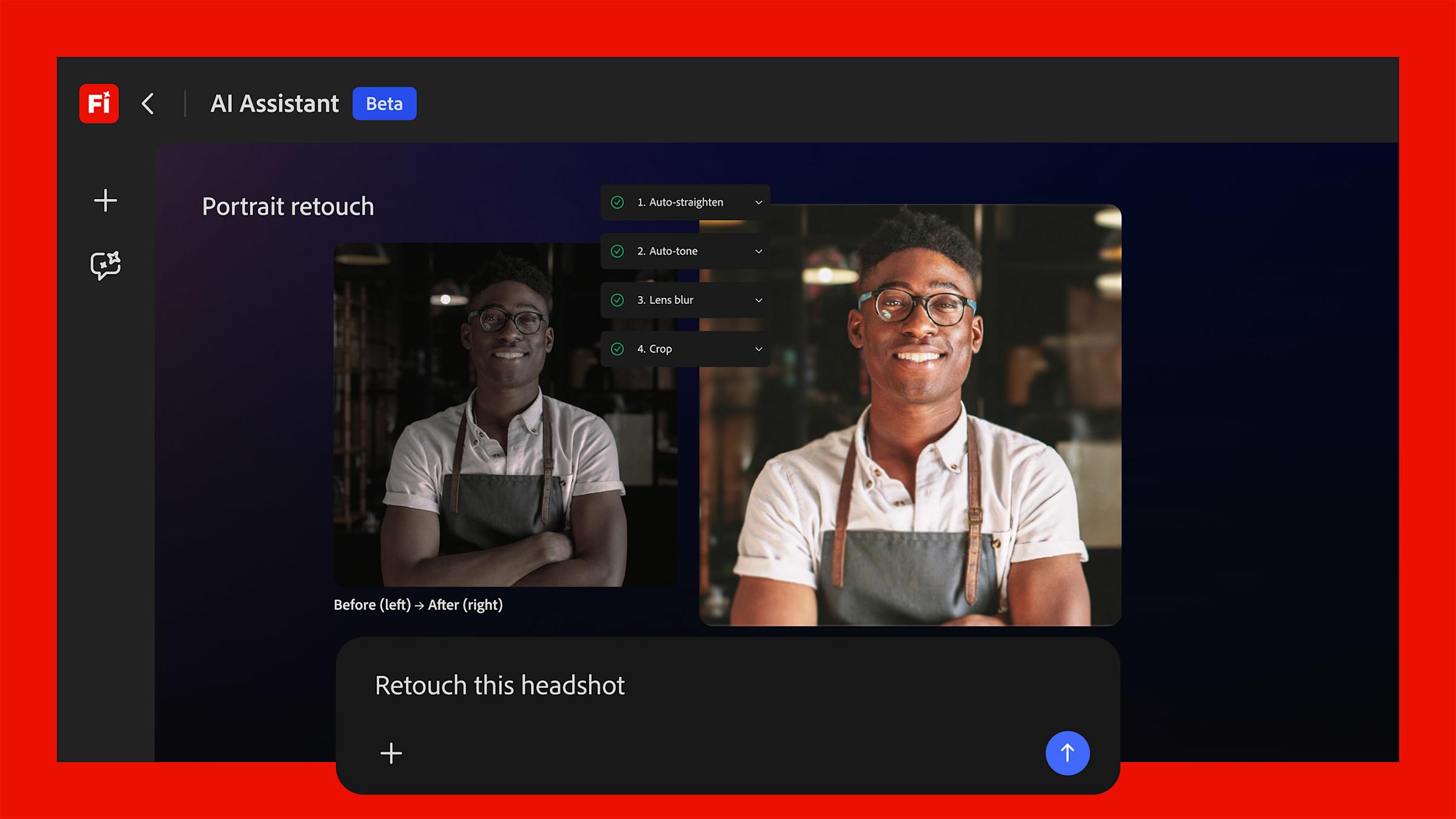 Firefly AI Assistant interface with an example of automatic portrait retouching. Illustration from Adobe
