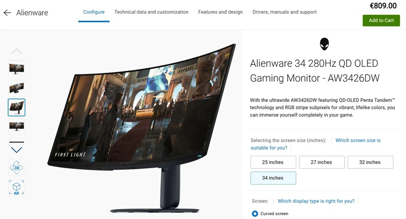 L'Alienware AW3426DW est disponible en Europe à 809 € avec livraisons à partir du 2 juillet.