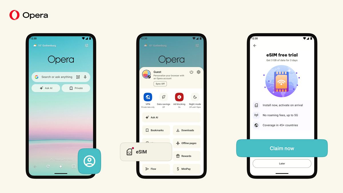 Экран настройки eSIM в мобильном приложении Opera